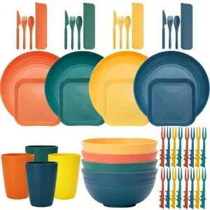 48pcs Plastic Dinnerware Set - Includes Plates, Bowls, Cups & Fruit Forks - Microwave, Dishwasher & Freezer Safe - Perfect for RV, Camping, Parties & Home Use