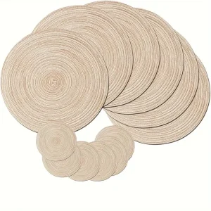 12pcs Washable Round Braided Placemats for Kitchen and Dining Table - Indoor Woven Fabric Table Mats - Perfect Gifts for Mom, Grandma, Valentine's Day, Bachelorette, DIY Craft Art Decor, Birthdays, and Christmas - Beige