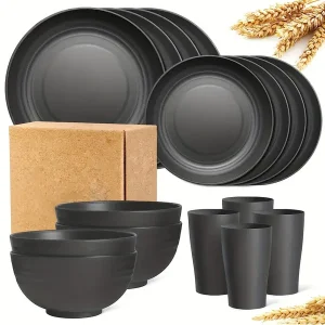 16pcs Set Durable Wheat Straw Dinnerware Set - Microwave & Dishwasher Safe - Reusable Plates, Bowls, and Cups - Black (Set of 4) - Perfect for Everyday Use!