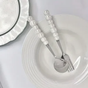 Elegant 3pcs Pearl Ceramic Handle Stainless Steel Cutlery Set - Includes Spoon, Fork & Knife for Dining and Kitchen Use