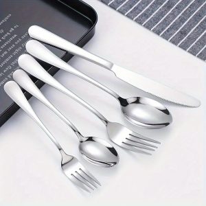 YUHUPHYLLIC 20u002F40u002F60PCS stainless steel steak knife and fork silverware set, suitable for home, kitchen and dining room, mirror polished, dishwasher free