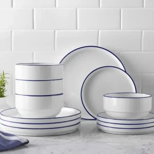 12-Piece Blue Rim Stoneware Dinnerware Set