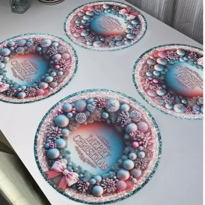 JIT 4pcs Pink Flower Ring Christmas Round Placemats Set of 4, Winter Christmas Round Table Mats for Xmas Season Holiday Outdoor Home Party Kitchen Dining Decor 15 Inch