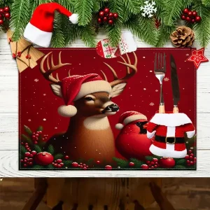 Christmas Themed Placemats Set of 4, 100% Linen Woven Table Mats with Heat Resistant, Machine Washable, Santa Reindeer and Cardinal Design for Holiday Dining Decor