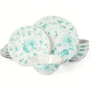 Empress Bouquet Decorated Porcelain Dinnerware Plates and Bowls Set - Teal Floral, Service for 4 (12pcs)