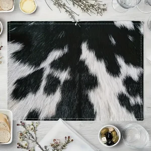 4pcs, Faux Cow Fur Placemats, Black And White Animal Printed Table Pads, Linen Table Mats, Easy To Clean, Farmhouse Style Western Wildlife Dining Decor