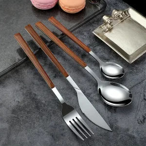 16pcs Elegant Silvery Stainless Steel Cutlery Set with Imitation Wood Handles - Includes Knives, Forks, Spoons & Teaspoons for 4 - Perfect for Home, Restaurants, and Weddings