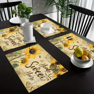 4pcs Sunflower Placemats, Flower Placemats Vintage Placemats, For Dining Table Decorations, Sunflower Kitchen Decor Linen Meal Mat For Kitchen Dinner 12x18Inches Eid Al-Adha Mubarak