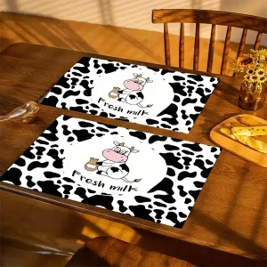 4-Piece Cow Print Placemats Set - Linen Table Mats for Dining | Heat Resistant Non-Slip Washable Indoor & Outdoor Tabletop Decor - Fresh Milk Cartoon Design for Home & Restaurant Use