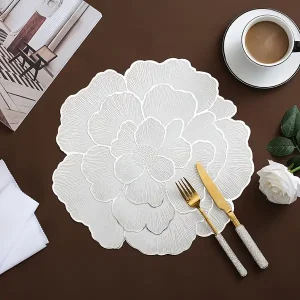 Peony Golden Foil PVC Placemats (4u002F6u002F8u002F12pcs) - Waterproof, Non-Slip, Heat-Resistant Dining Mats for Home & Restaurant Decor