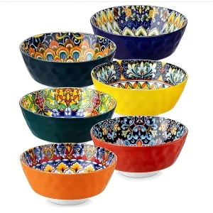 A set of 6 Bohemian-style ceramic salad bowls, 24-ounce kitchen color bowl set - A set of 6 ceramic dessert bowls in different colors, can be used as gifts for family, friends, etc. Can be used as cereal bowls, soup bowls, oatmeal bowls, pasta bowls, etc. Dishwasher and microwave safe