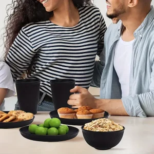 Modern 12-Piece Ceramic Dinnerware Set - Novelty Round Black Wheat Straw Collection, Includes 4 Dinner Plates, 4 Bowls, 4 Tumblers - Dishwasher, Microwave Safe - Durable & Reusable for Daily Use