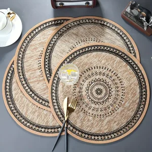 4pcs Set Jute Placemats with Faux Leather Trim - Round, Non-Slip & Heat-Resistant Table Mats for Dining Decor - Perfect for Weddings & Special Occasions