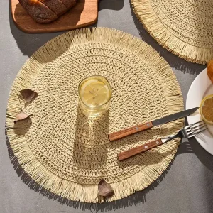 4pcs Round Placemats, Natural Style Jute With Fringe Table Mats For Dining Table, Rustic Farmhouse Style Circle Placemats, Room Decor, Dining Table Decor