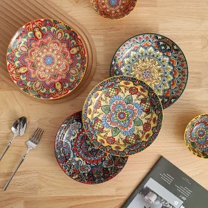 8pcs Bohemian Ceramic Tableware, Bowls, Plates, Vintage Hand Drawn Rice Plates, Vegetable Plates, Household Light Luxury Dishes, Tableware Set