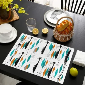 4pcs, Table Pads, Mid Century Modern Black Cat Placemats Set, Linen Retro Place Table Mat Washable Non Slip Heat Resistant Table Decor For Kitchen