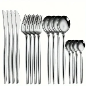 16pcs Stainless Steel Portuguese Cutlery Set, Includes Knives, Forks, Spoons And Dessert Spoons, Tableware Set, Suitable For Home, Kitchen And Restaurant